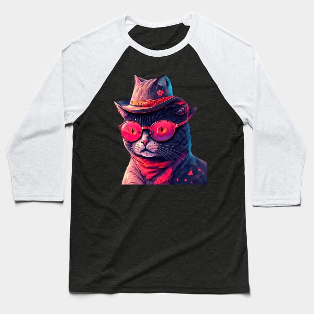 Cartoon Cat with Glasses Baseball T-Shirt by Chavjo Mir11